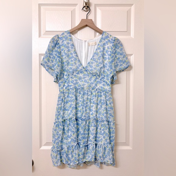 Altar'd State Dresses & Skirts - Altar'd State Small Blue Floral Flutter Sleeve Tiered Babydoll Mini Dress